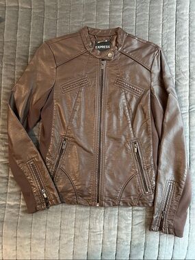 Express Brown Faux Leather Moto Jacket with Zip Details
